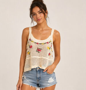 Rebellion Again Ivory Crochet Floral Embroidered Tank Crop Top Sz L Boho Festiva